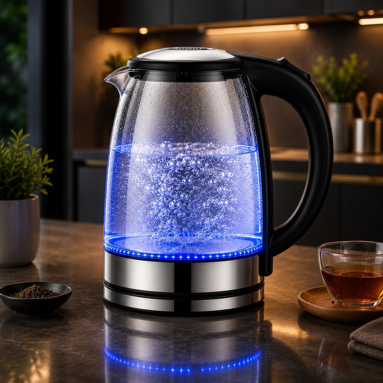 Chaleira Elétrica de Vidro 1,8L 220V com LED Azul – Aquecimento Rápido, Desligamento Automático e Base 360° | Ideal para Chá, Café e Água Quente (220V)