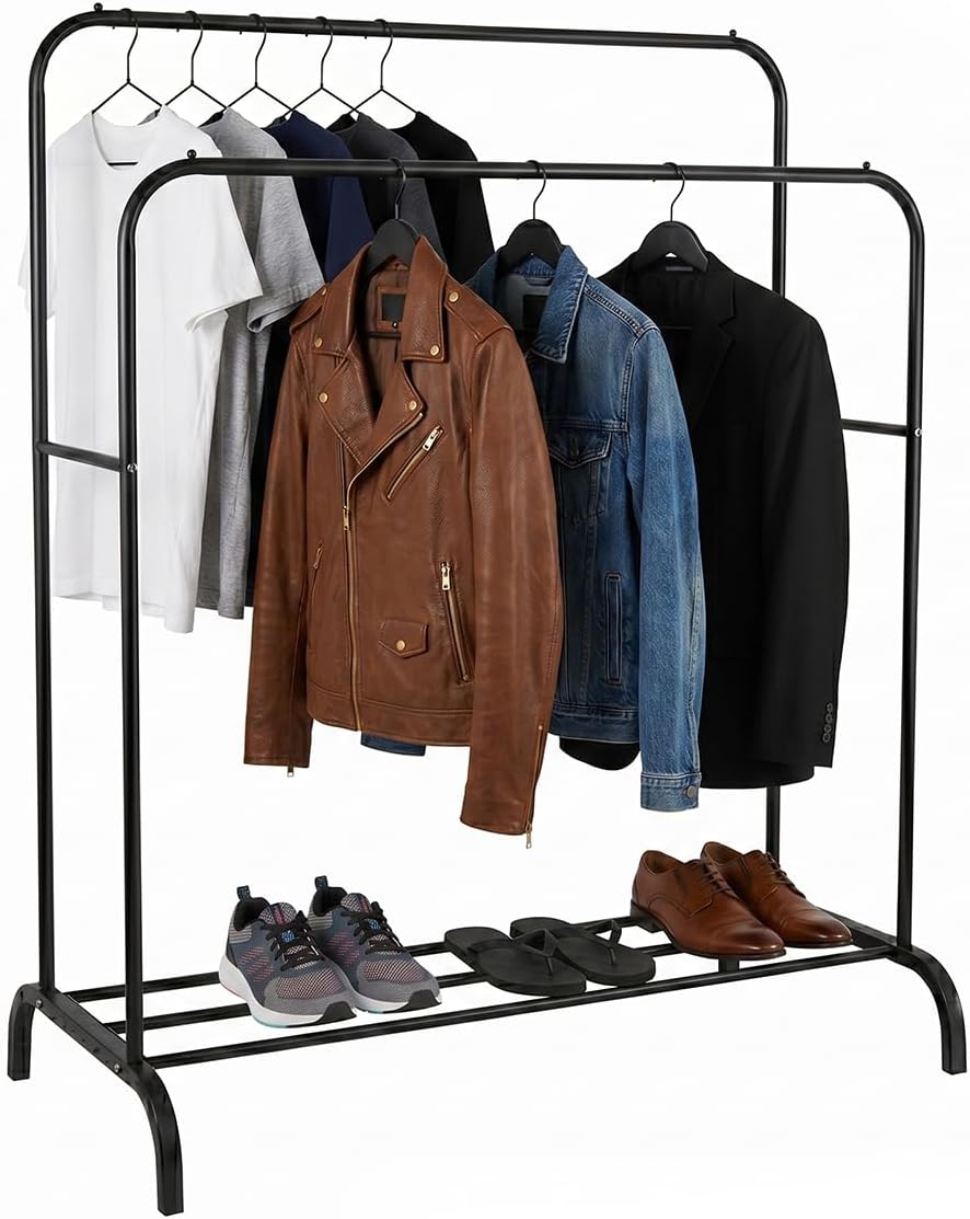 Decolab Arara Cabideiro de Chão Extensível Duplo Organizador Multiuso 2 Andares com Sapateira Quarto e Closet para Cabides com Camisetas, Vestidos, Agasalhos, Calçados (Preto)