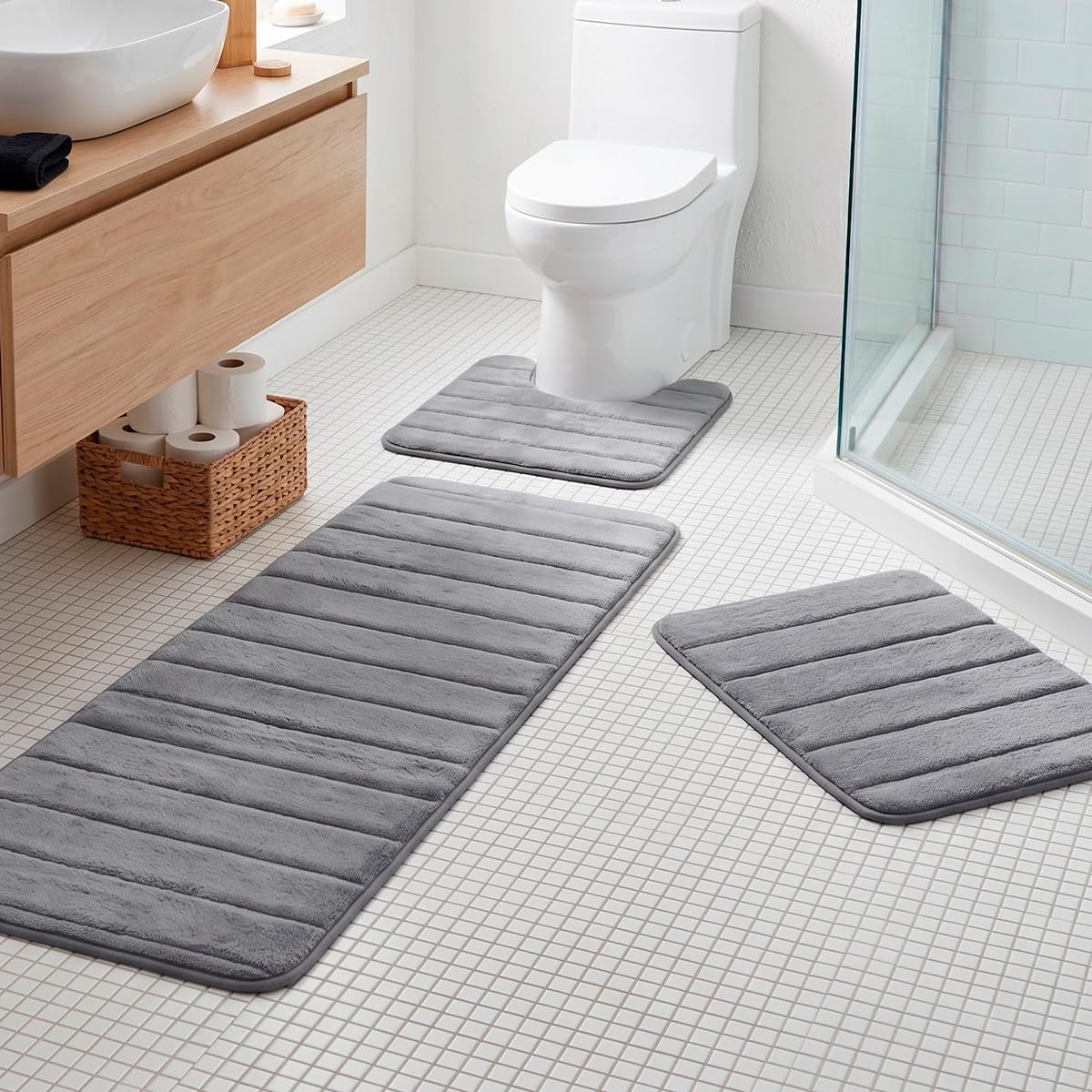 Decolab Jogo De Tapetes Para Banheiro Completo | Kit Tapetes Banheiro Ultra Absorvente | Tapetes Antiderrapantes Super Soft Multiuso Decoração (Cinza-escuro, 3 Peças)