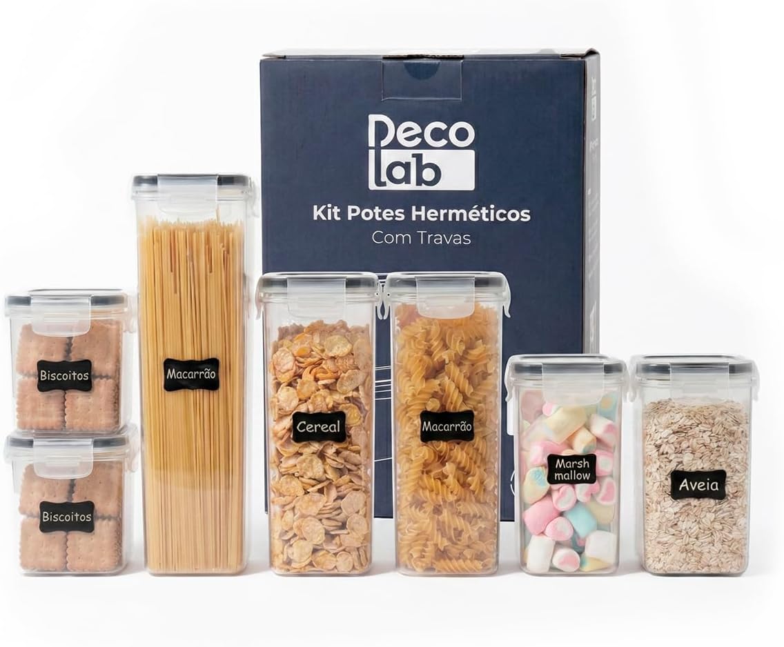 Decolab Kit Potes Herméticos com Vedação de Silicone Plástico BPA Free - Organizador de Geladeira, Porta Cereais, Temperos e Mantimentos (7, Transparente, Retangular) 2x0,8L / 2x1,4L / 2x2,0