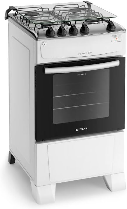 Fogão com Acendimento Automático Total, Mesa Inox e Forno 50L