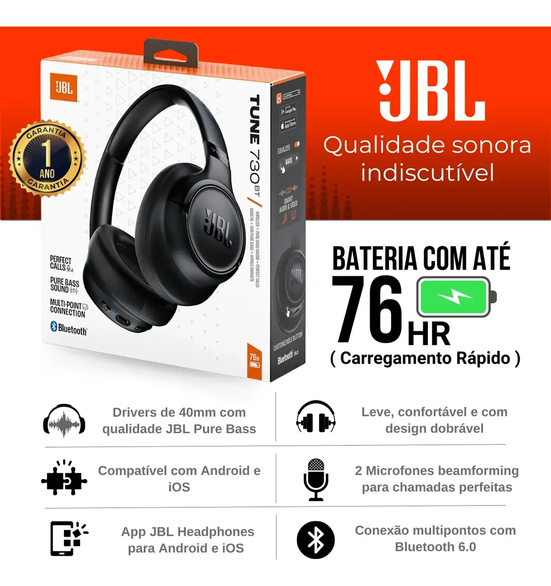 Fone Ouvido Jbl Tune 730bt Headphone Bluetooth 6.0 Original — foto 2