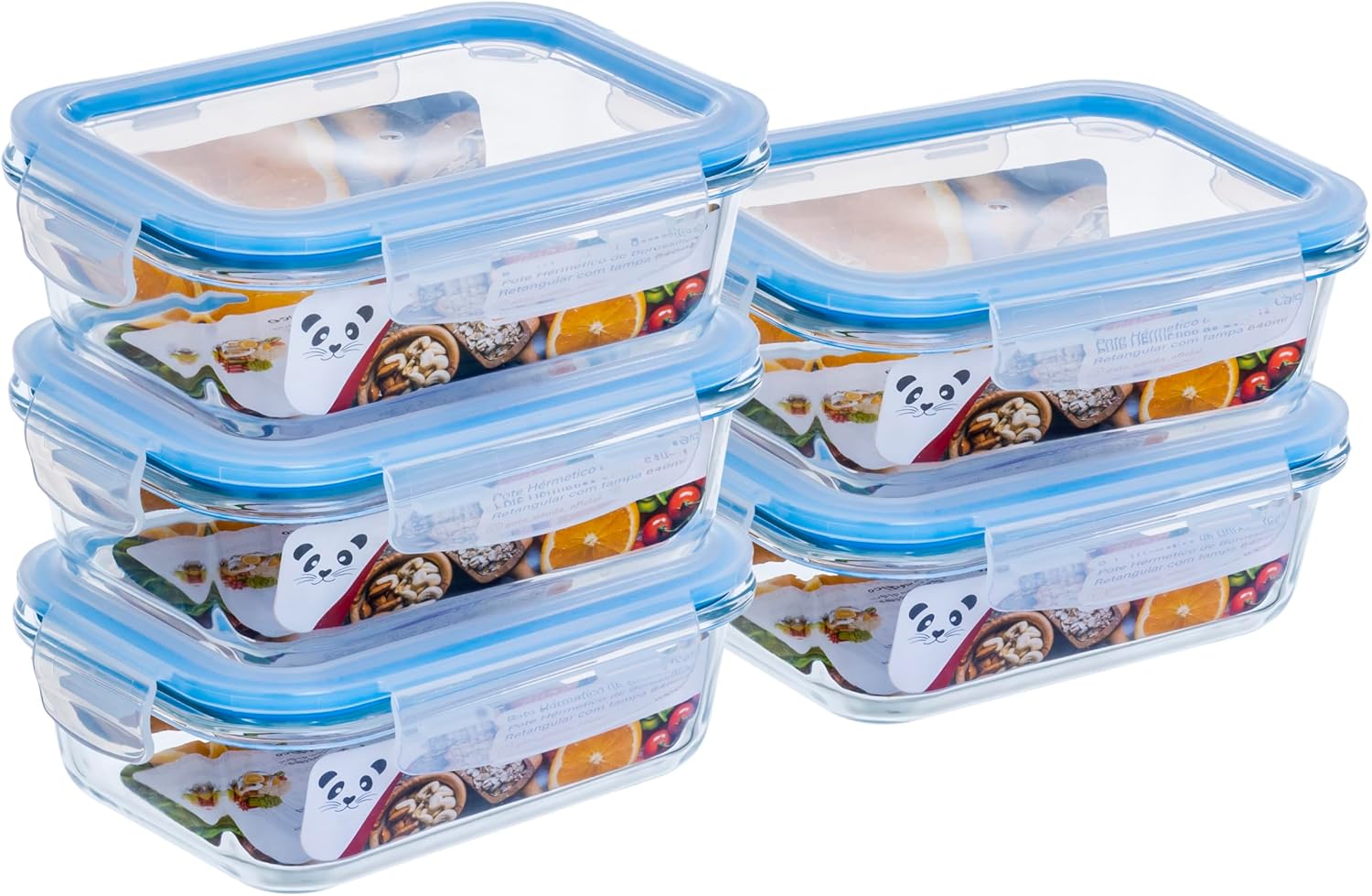 Gato Panda KIT Potes de Vidro Retangular com Tampa Hermética Branco ou Azul (5, Azul, 640ml)