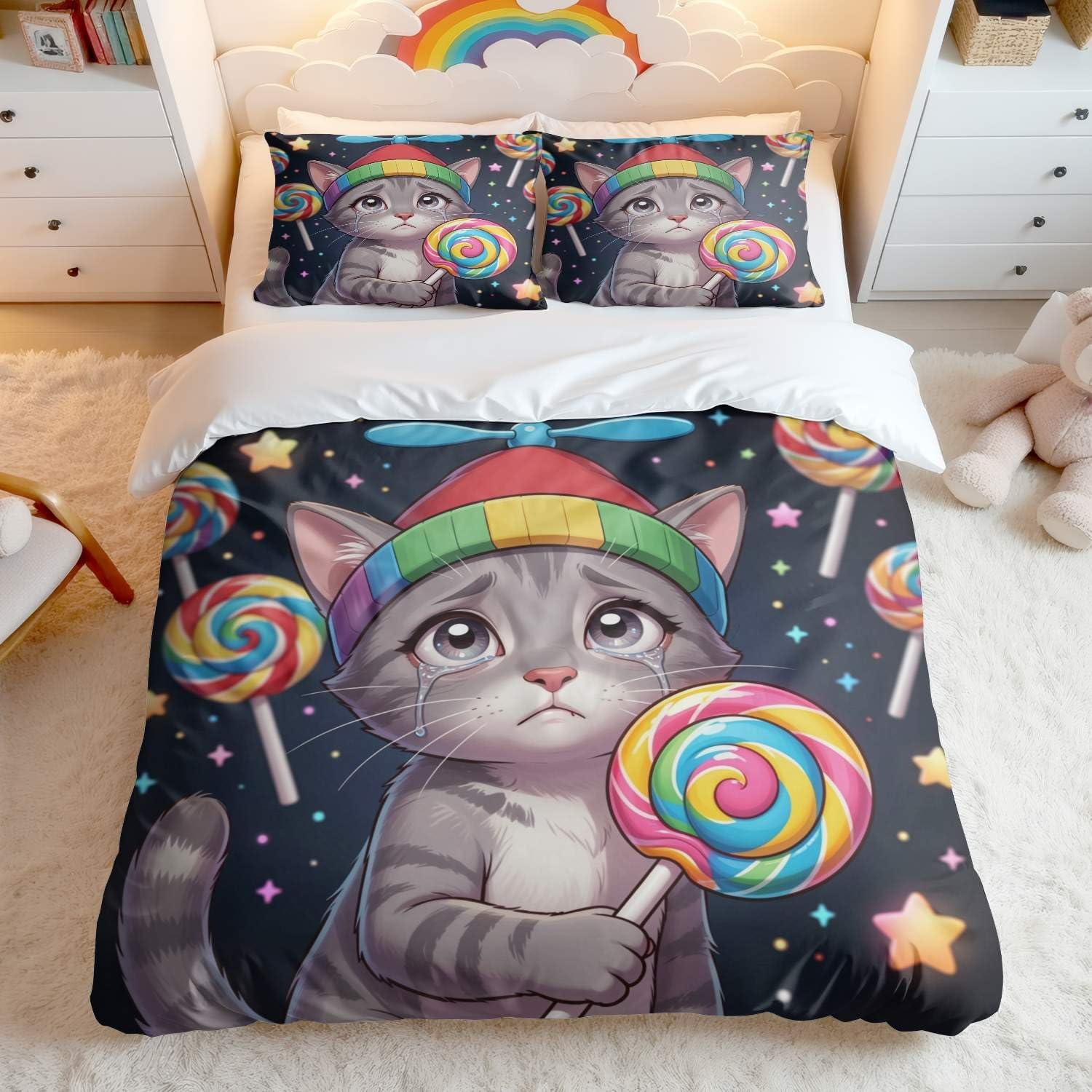 Jogo de Cama Estampa de Gatos Impressão Digital 3D Fundo Branco