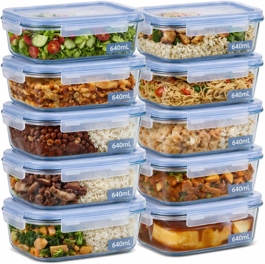 Kit 10 Potes de Vidro Herméticos 640ml com 4 Travas Ideal para Marmitas e Conservação de Alimentos, Vedação Total, Refratário para Forno e Freezer