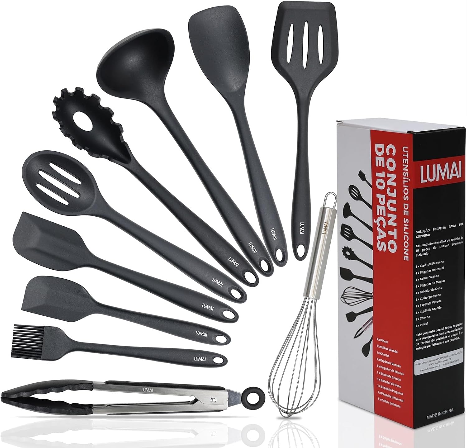 Kit 10 Utensílios de Cozinha LUMAI em Silicone e Aço Inox, Resistentes ao Calor, Antirriscos, com Espátula, Pegador, Concha e Colher, Preto