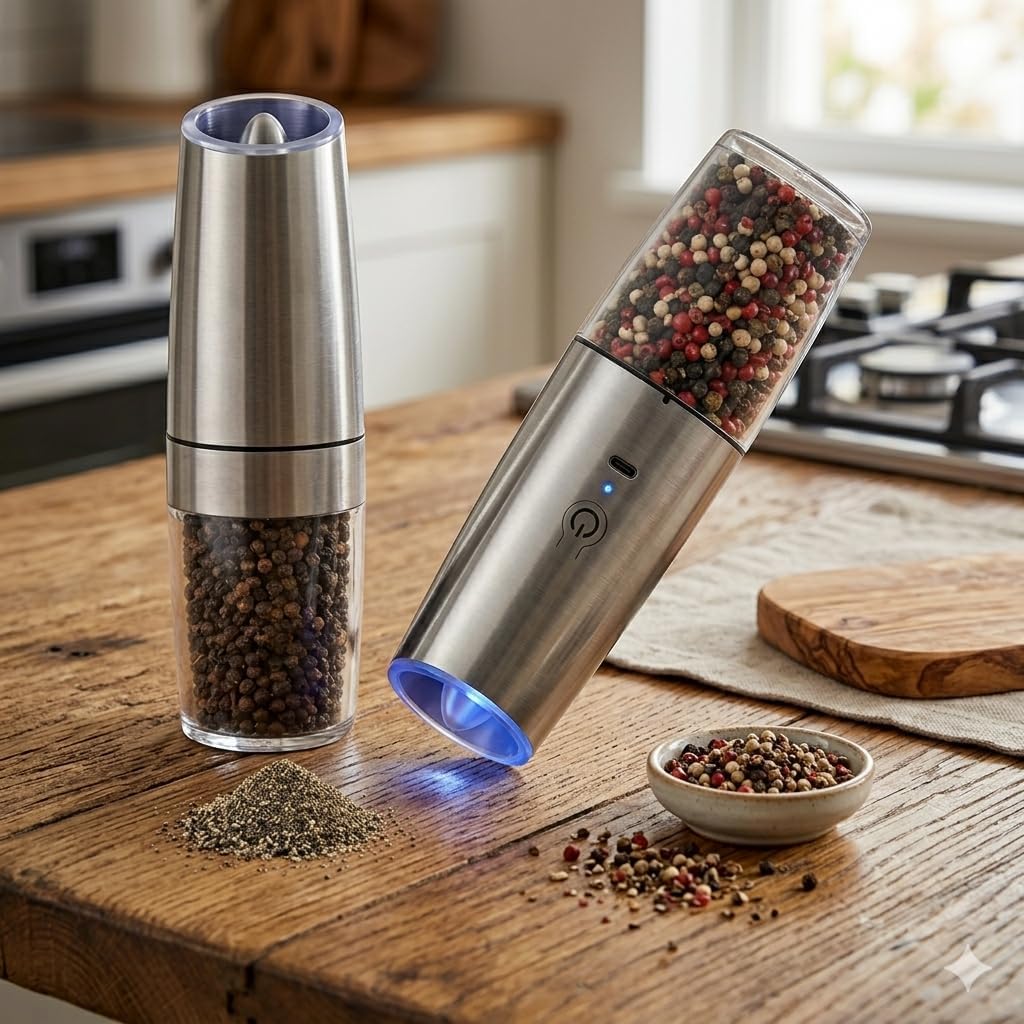 Kit 2 Moedor de Pimenta Elétrico – Moedor de Pimenta Automático, Moedor de Pimenta e Sal, Design em Aço Inoxidável Moedor de Sal Grosso e Especiarias, Moedor de Tempero JadeVic