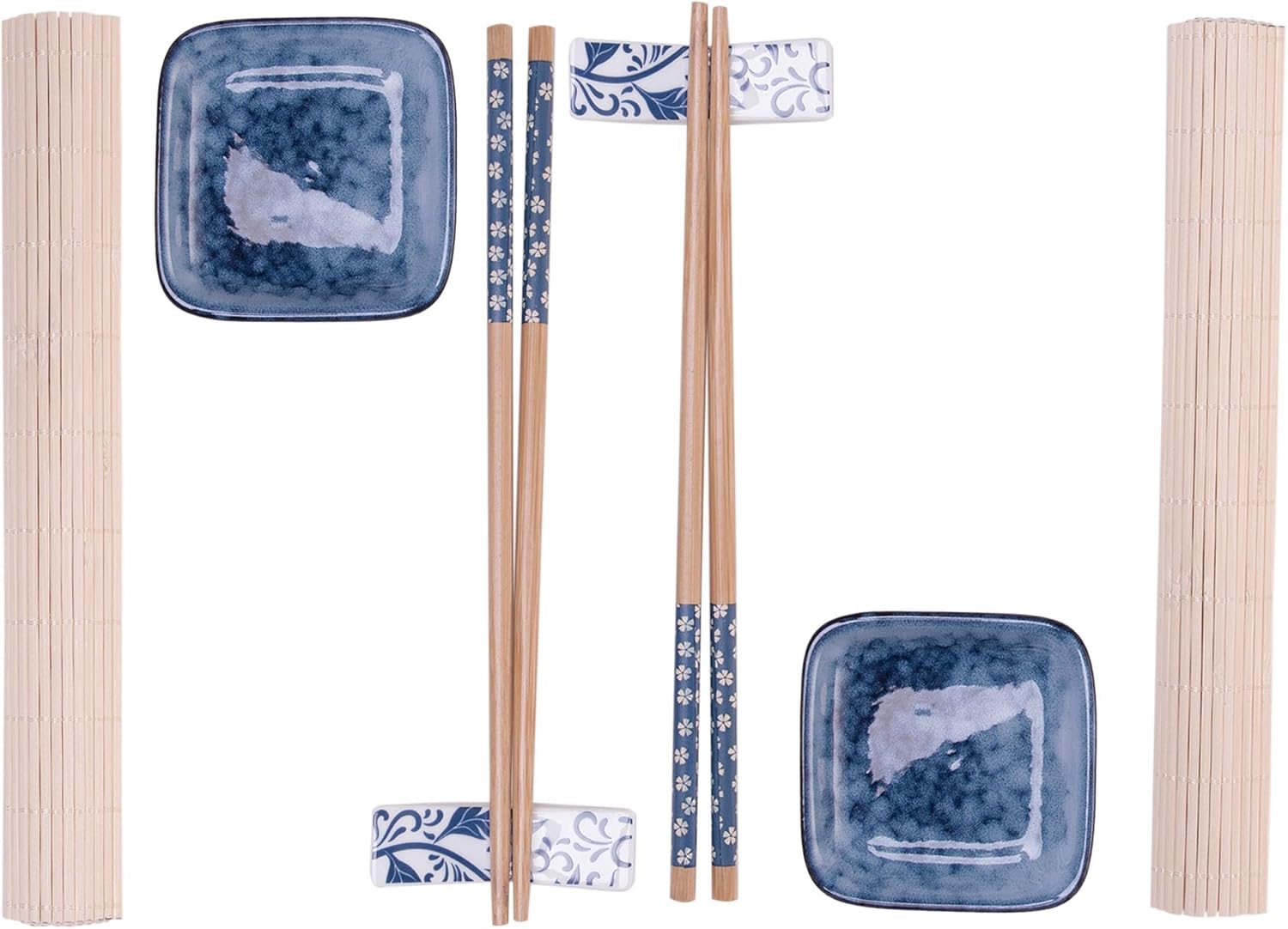 Kit Sushi em Bambu 8 Peças com Esteiras, Hashis e Molheiras