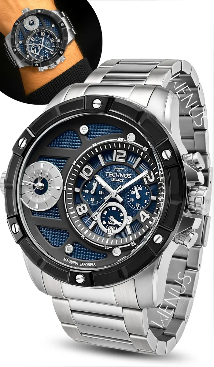 Relógio Technos Masculino Cronógrafo Lunha Legacy Masculino Aço Inoxidável Cor Prata Prova D'água